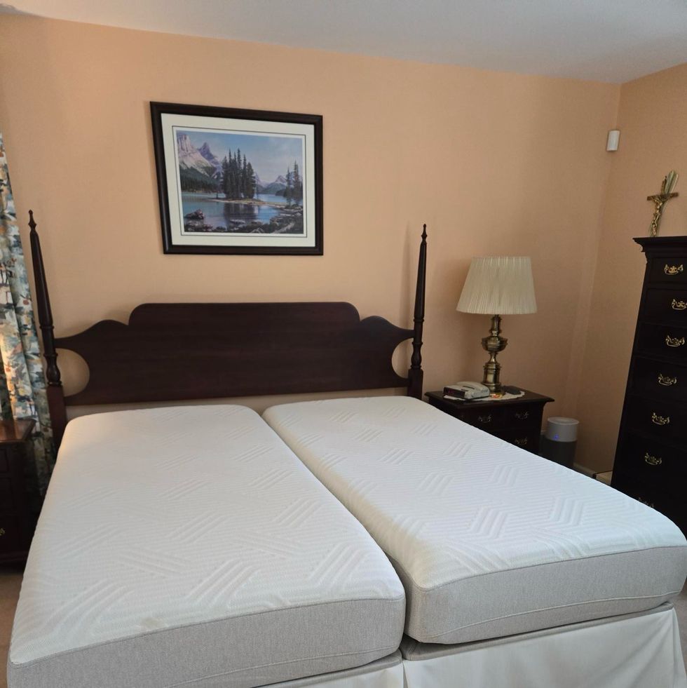 a split king mattress in the home of a consumer tester