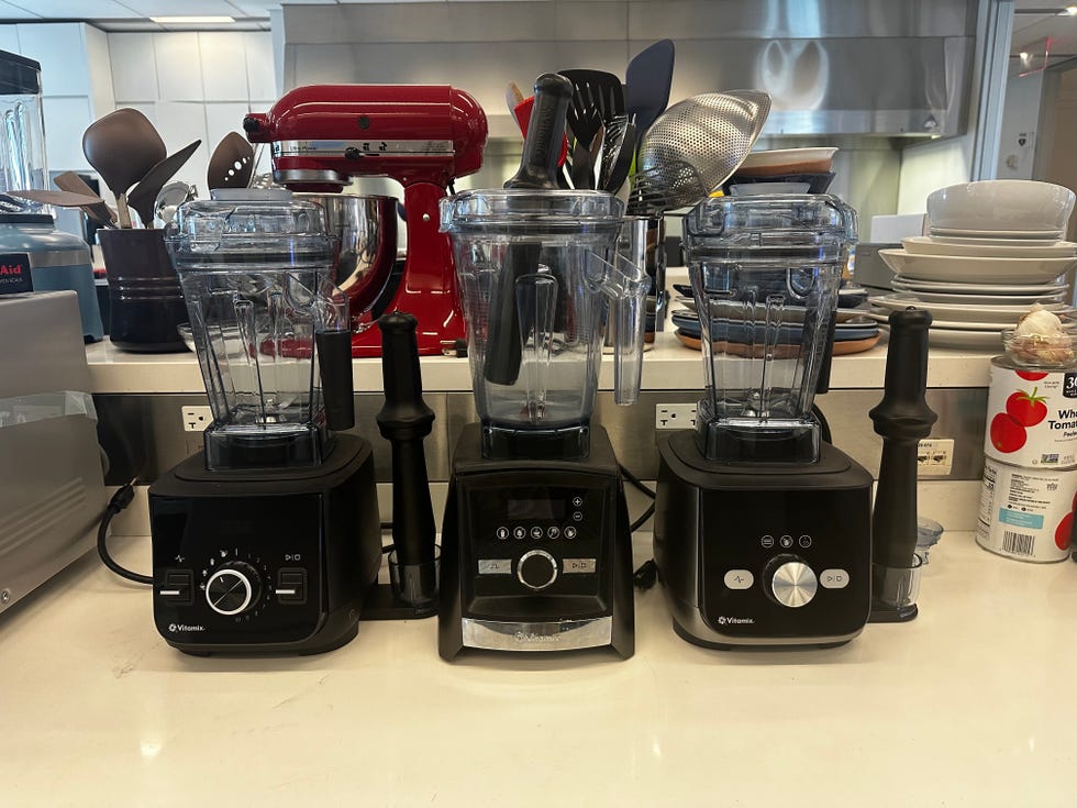 three vitamix ascent blenders side by side on lab countertop