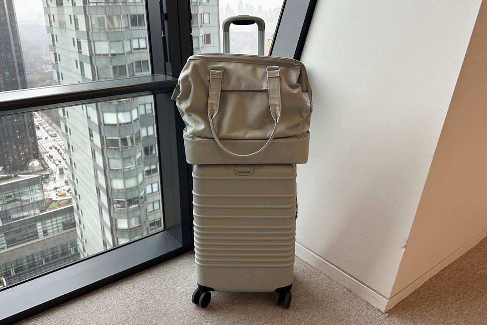 a photo of the beis carry on luggage and beis weekender bag