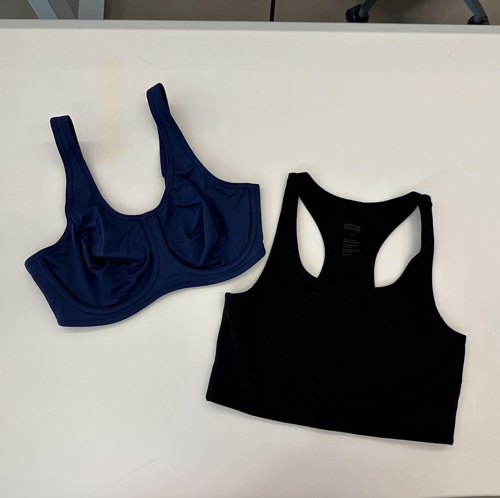 two sports bras on a white table, good housekeeping's testing for best sports bras