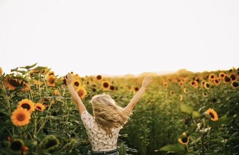 back of woman throwing up arms in a sunflower field