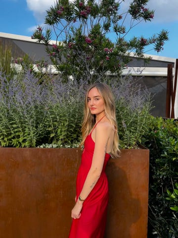 a woman in a red dress