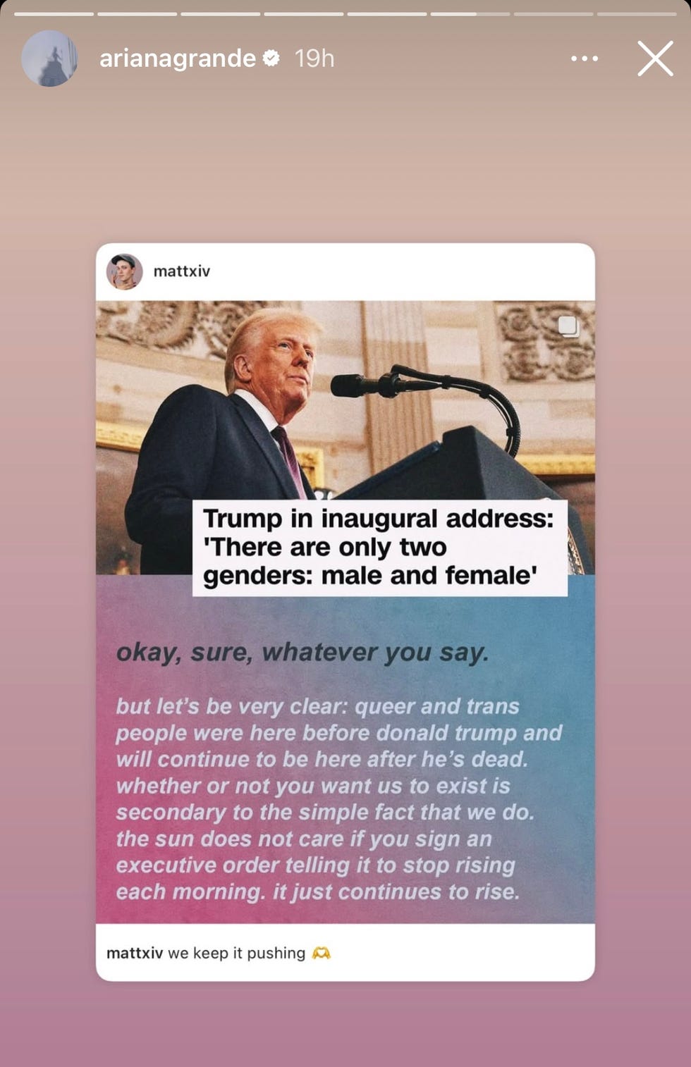 a social media post discussing gender identity and political statements from ariana grande's instagram story