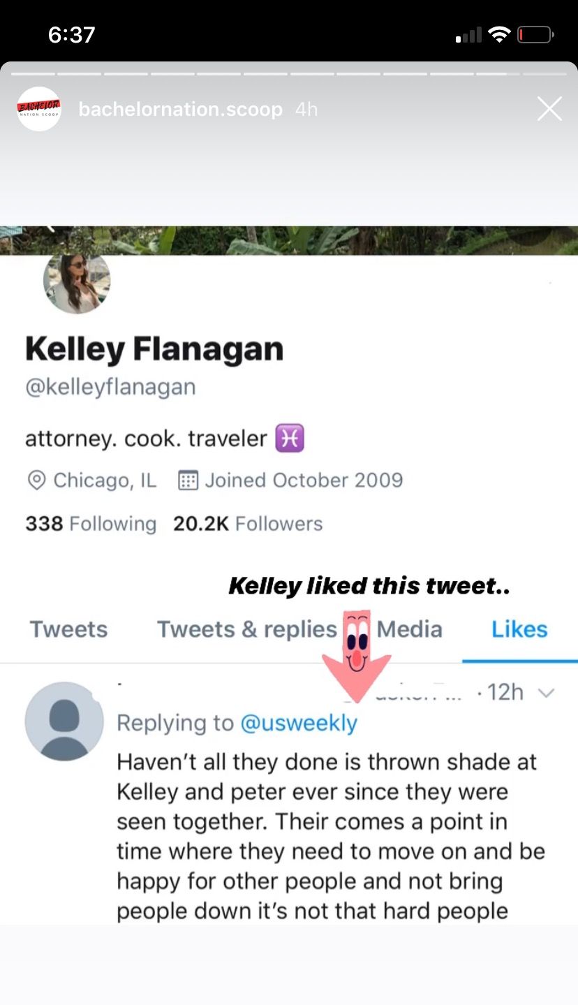 kelley flanagan likes a tweet calling out peter's exes