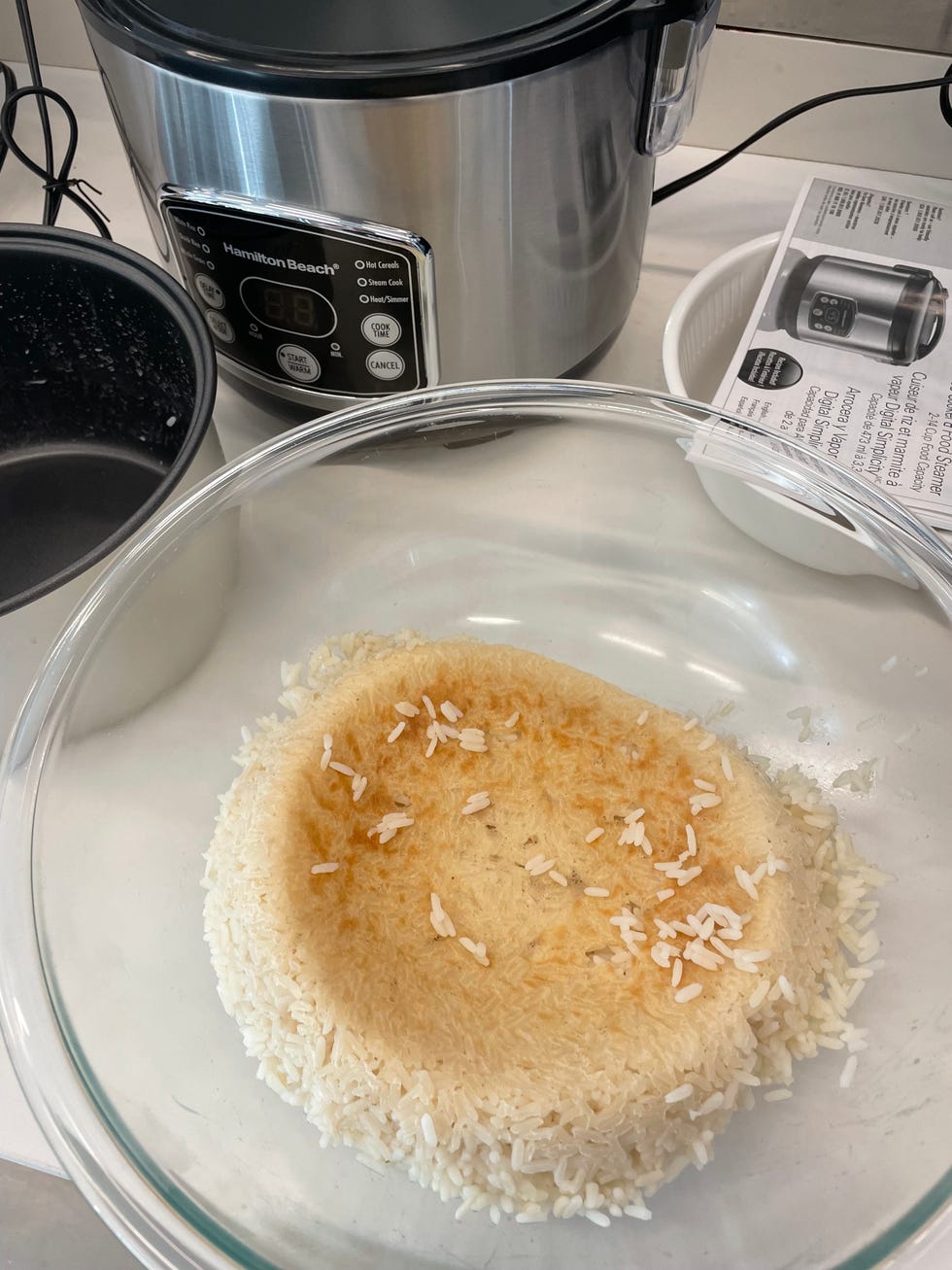 white rice flipped over to expose browning on bottom