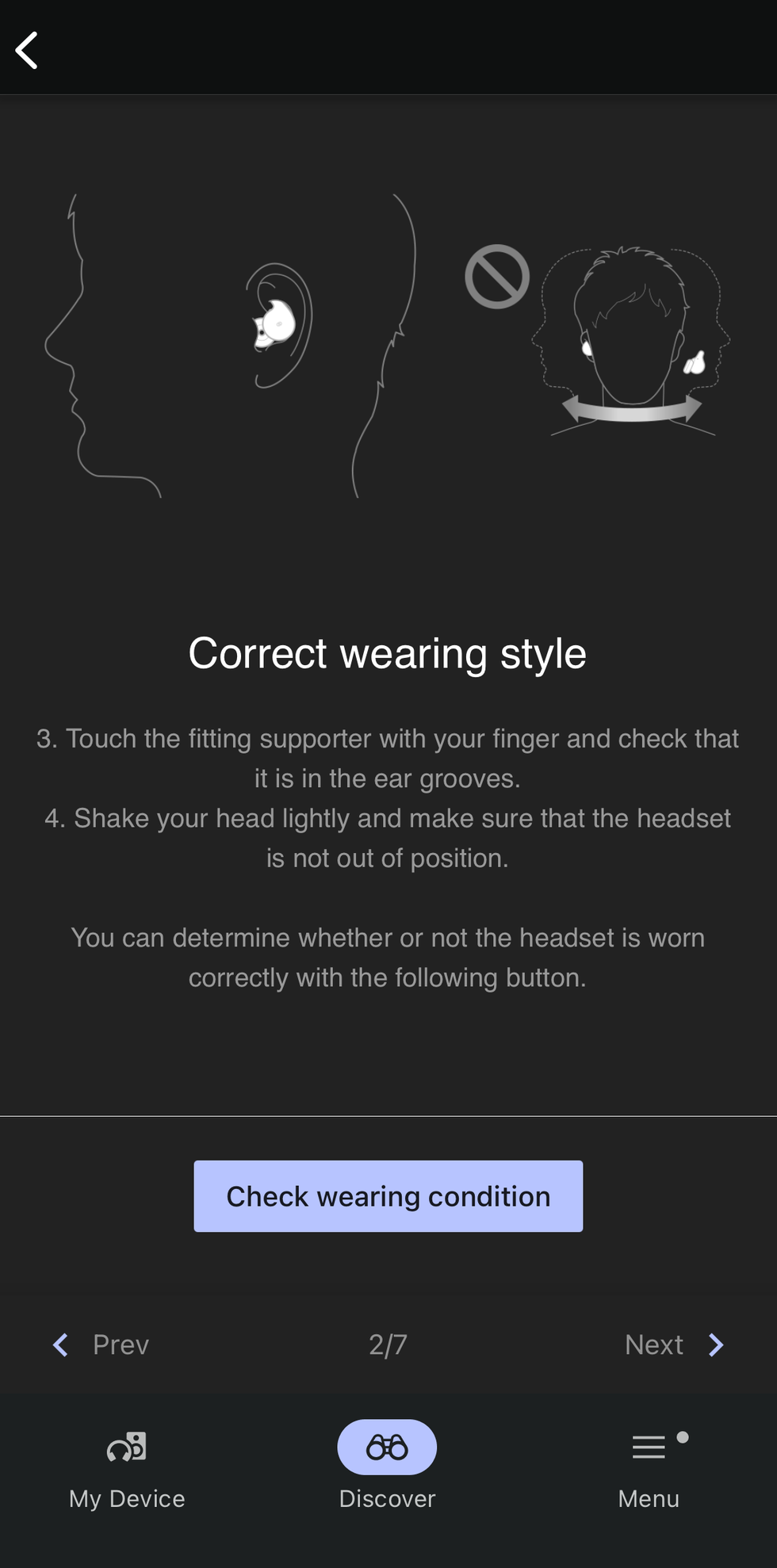 screenshot of an app showing how to wear earbuds correctly