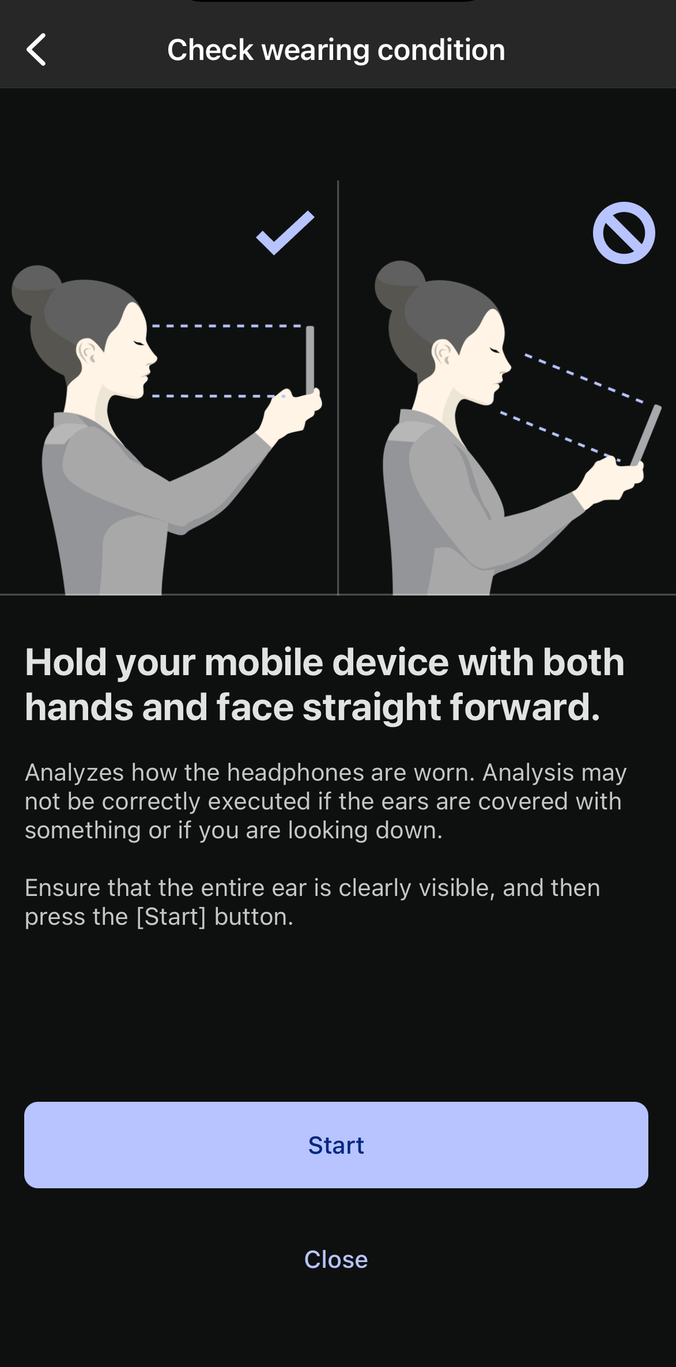 screenshot of an app showing how to wear earbuds correctly
