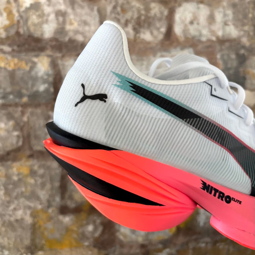 close up on the heel of a running shoe