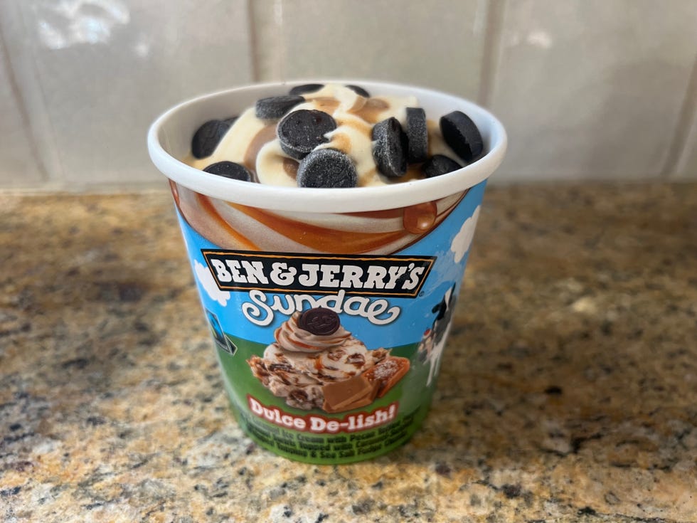 cup of ben jerrys dulce delish sundae with ice cream and toppings
