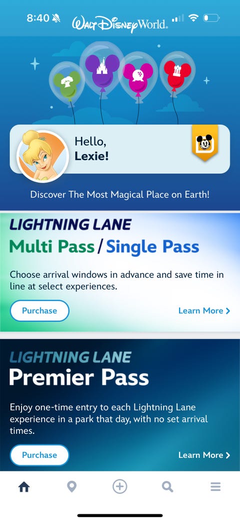 walt disney world app screen showcasing user greeting and lightning lane options