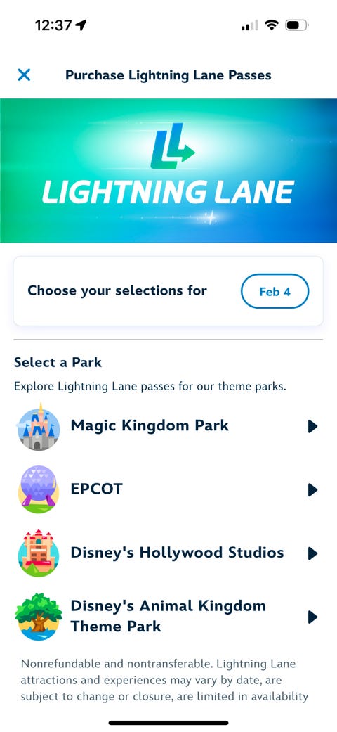 interface for purchasing lightning lane passes for disney theme parks