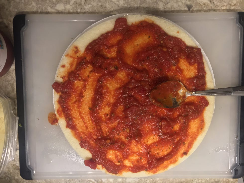 Trader Joe's cauliflower pizza crust with sauce