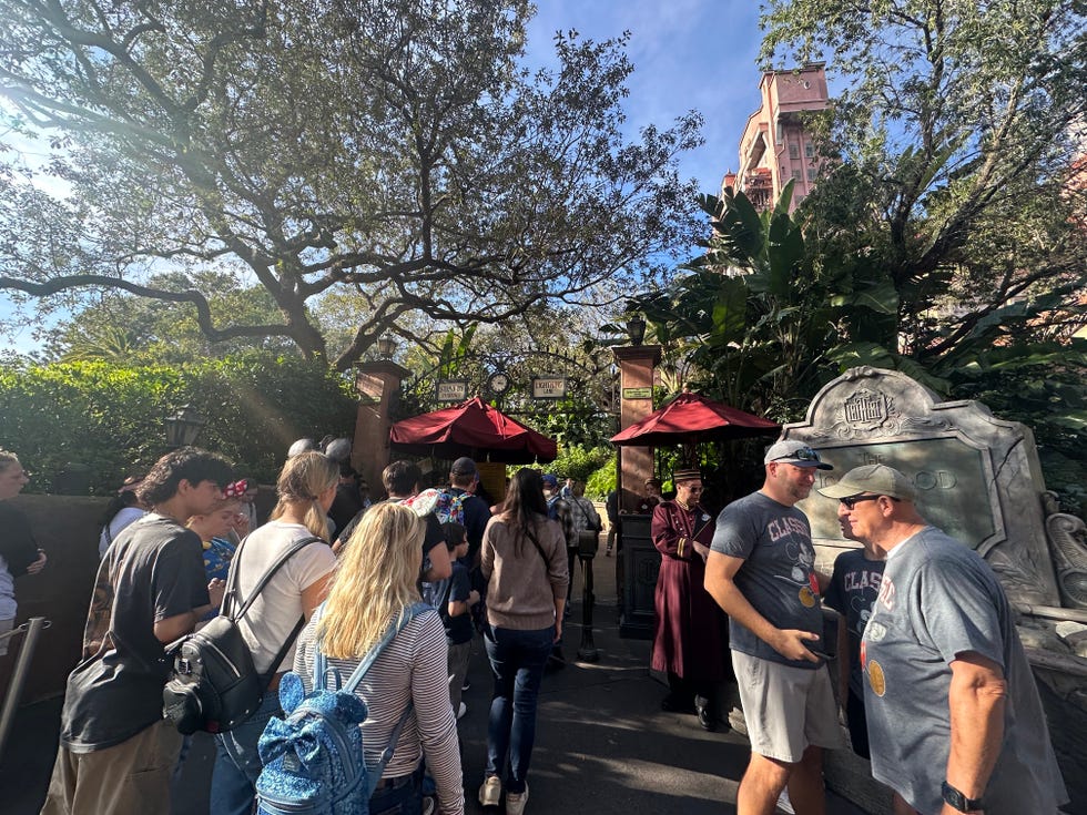 crowd in front of an attraction entrance with greenery and signage