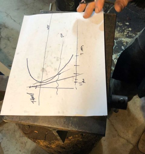 Knifemaker Paul Brach with a sketch of his knife design. 