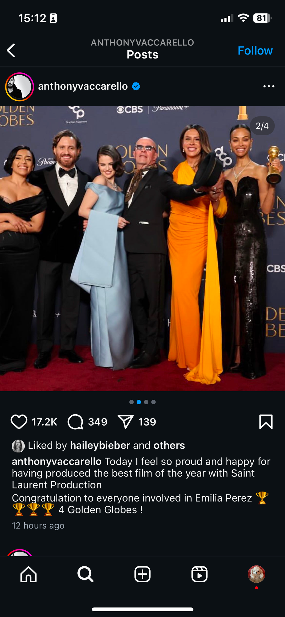 hailey bieber's like on the emilia perez post