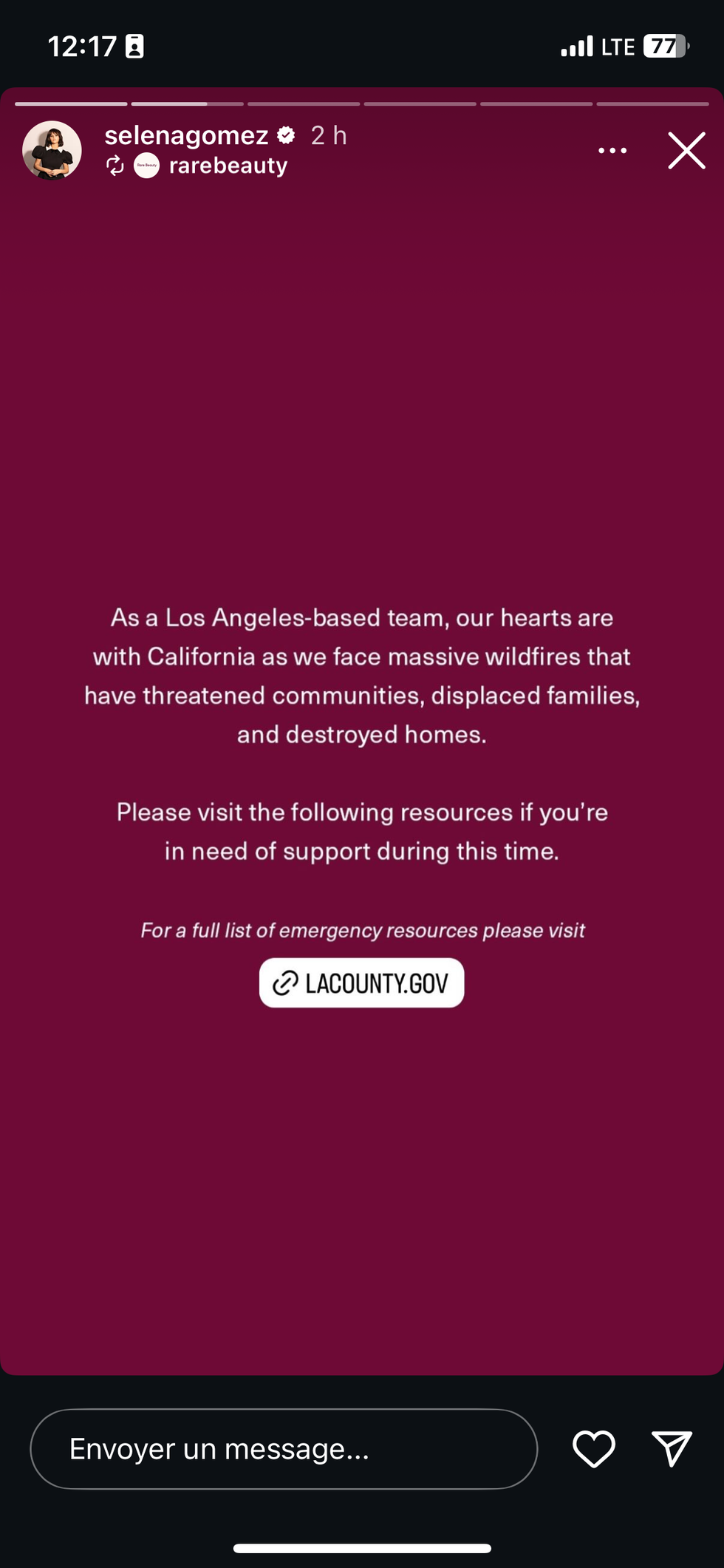 selena gomez and rare beauty's post about the la fires