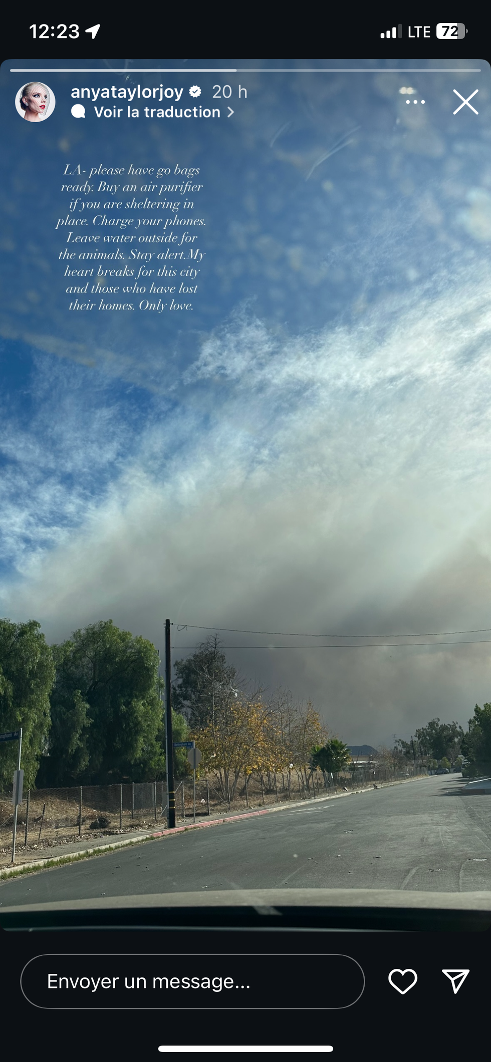 anya taylor joy's instagram story on the los angeles fires