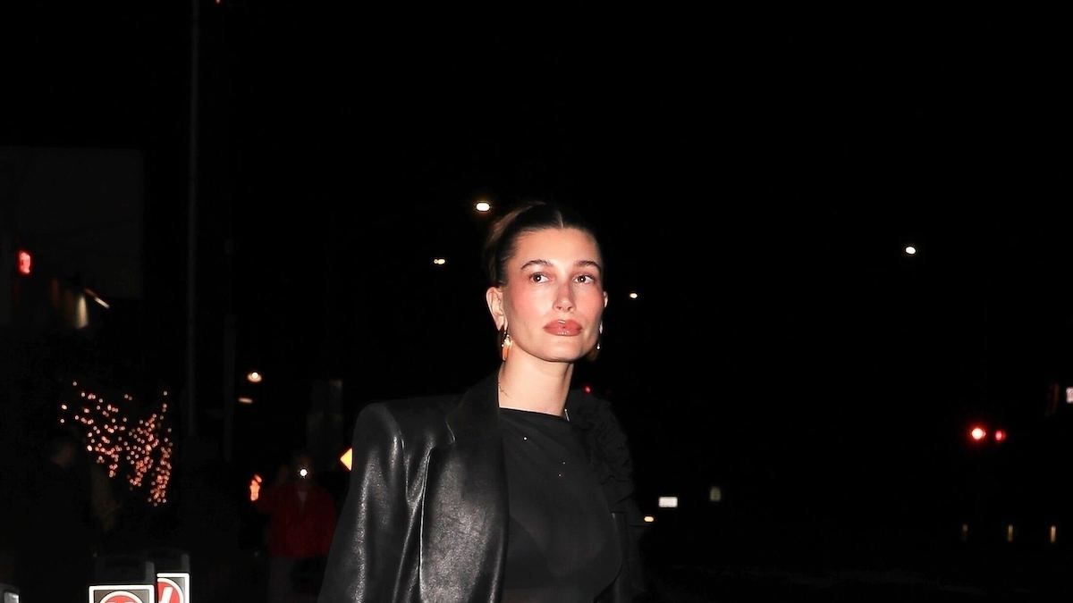 Hailey Bieber Wore a Sheer Little Black Dress With Leather Jacket