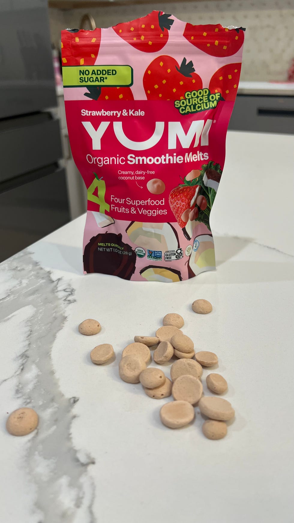 yumi organic smoothie melts being tested in sassos' home