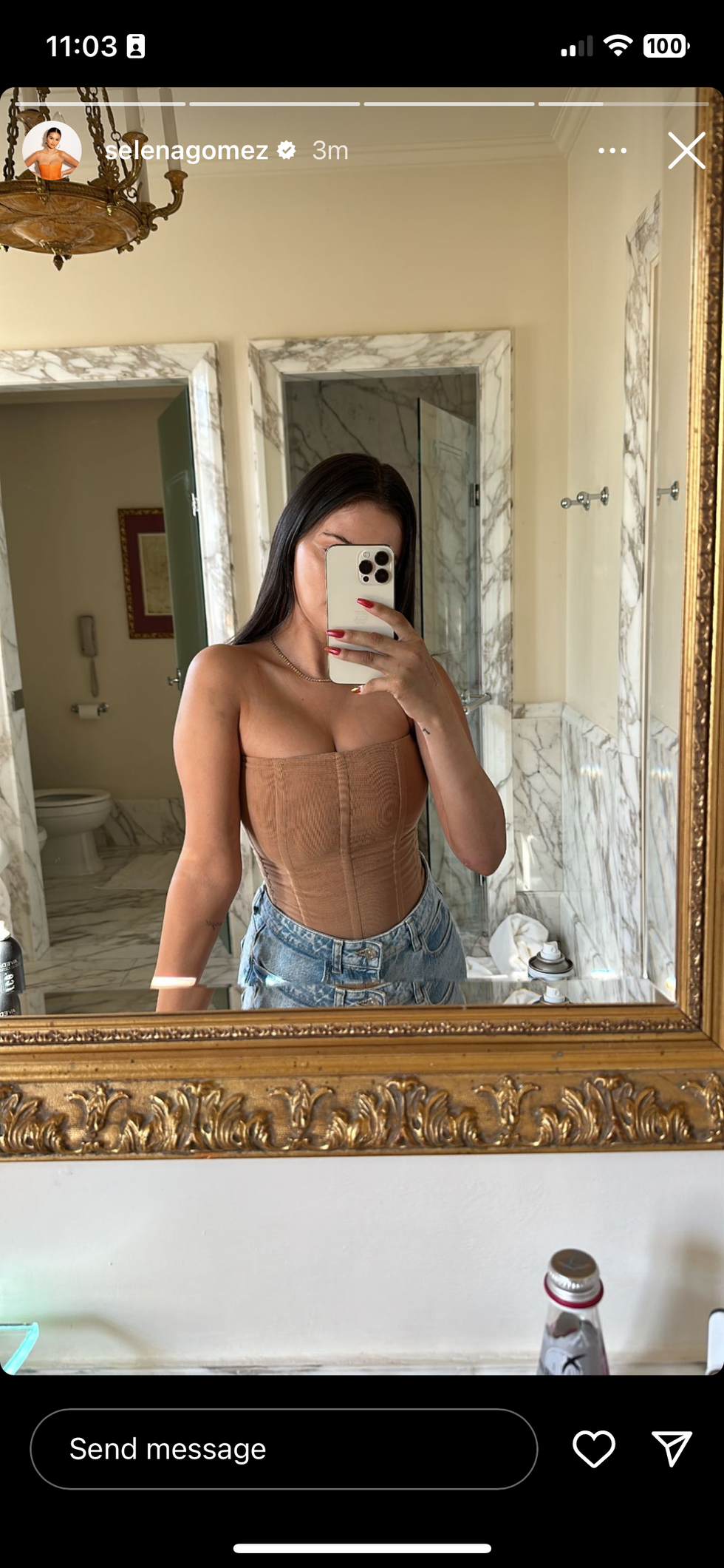 selena gomez in a tan corset top