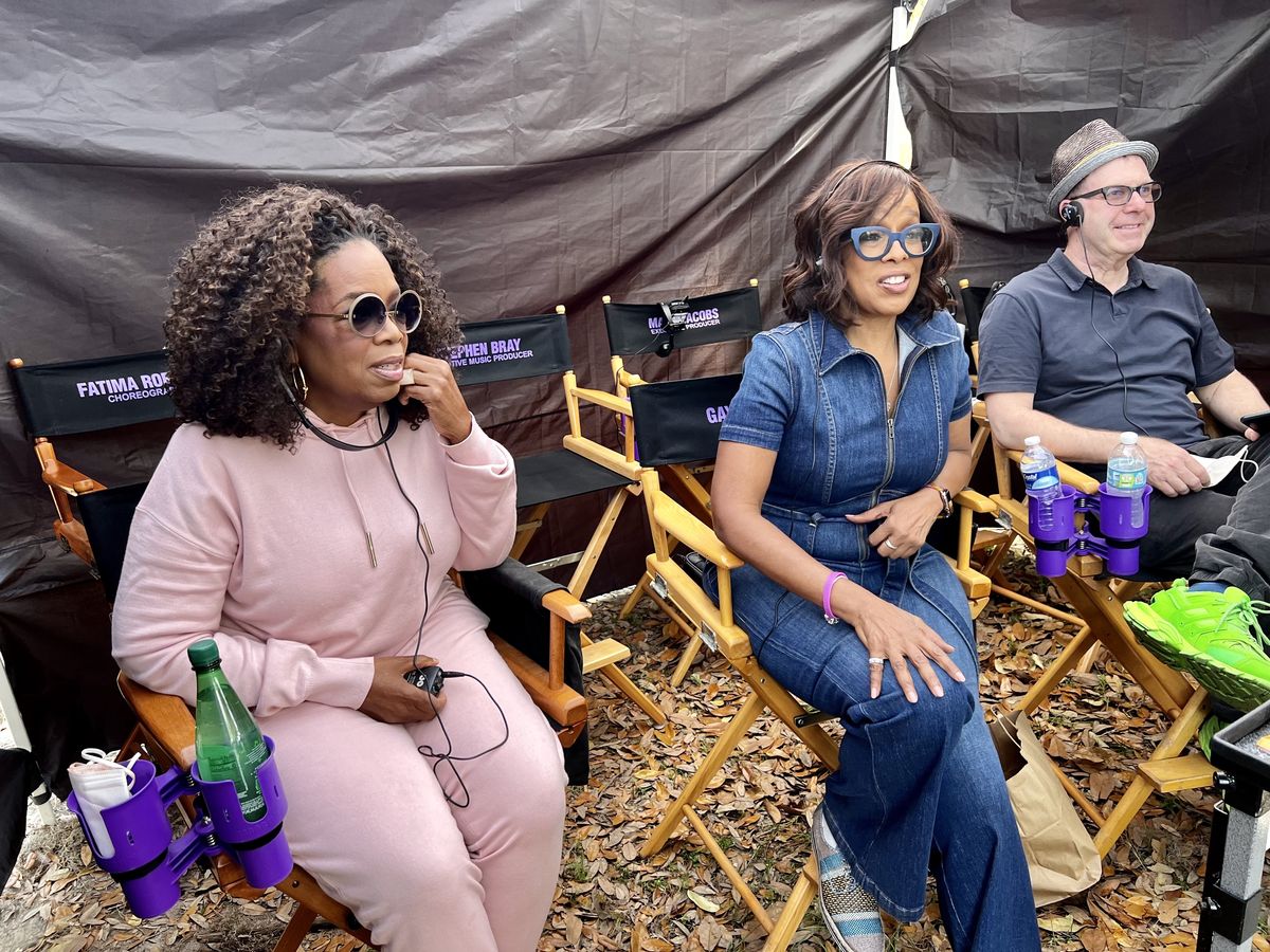 oprah, gayle, and scott sanders on the color purple set