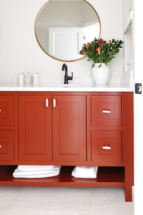 bathroom trend red cabinetry