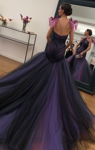 Gown, Dress, Clothing, Shoulder, Purple, Violet, Formal wear, Lilac, Haute couture, A-line, 