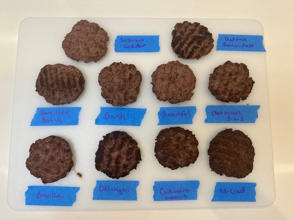 burgers on a cutting board from different panini presses