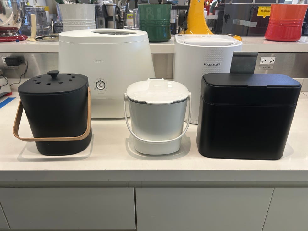 collection of kitchen appliances and containers for composting