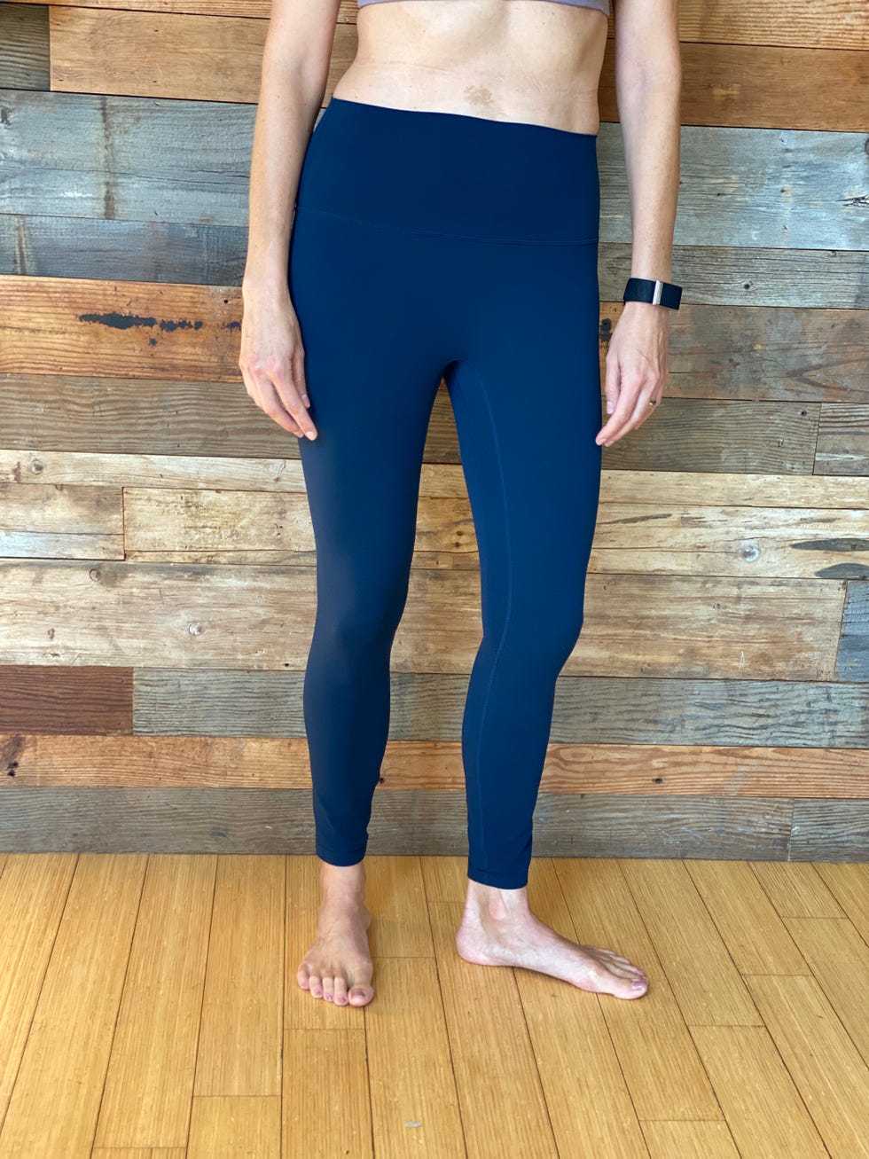 korin miller wearing the lululemon align no line leggings in navy
