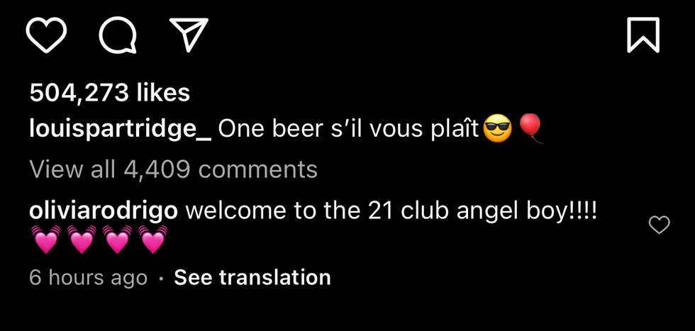 olivia rodrigo's comment on louis partridge's birthday instagram