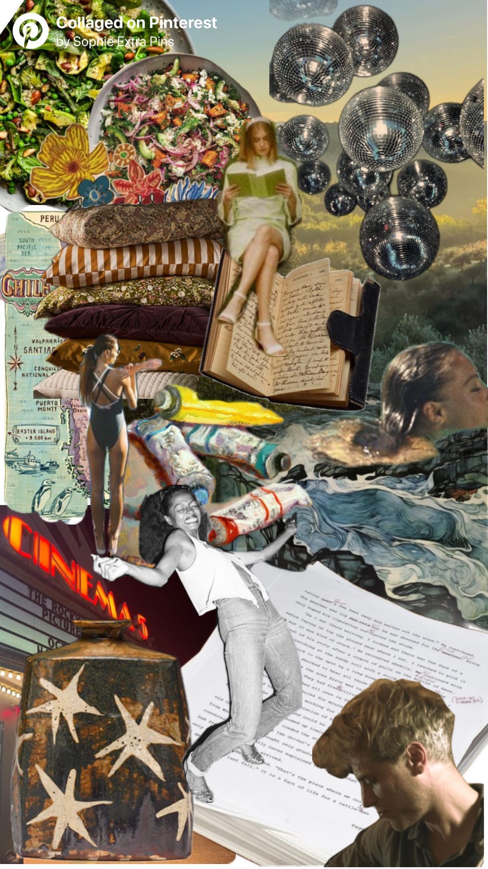 a digital collage featuring various themes including food leisure art and cinema