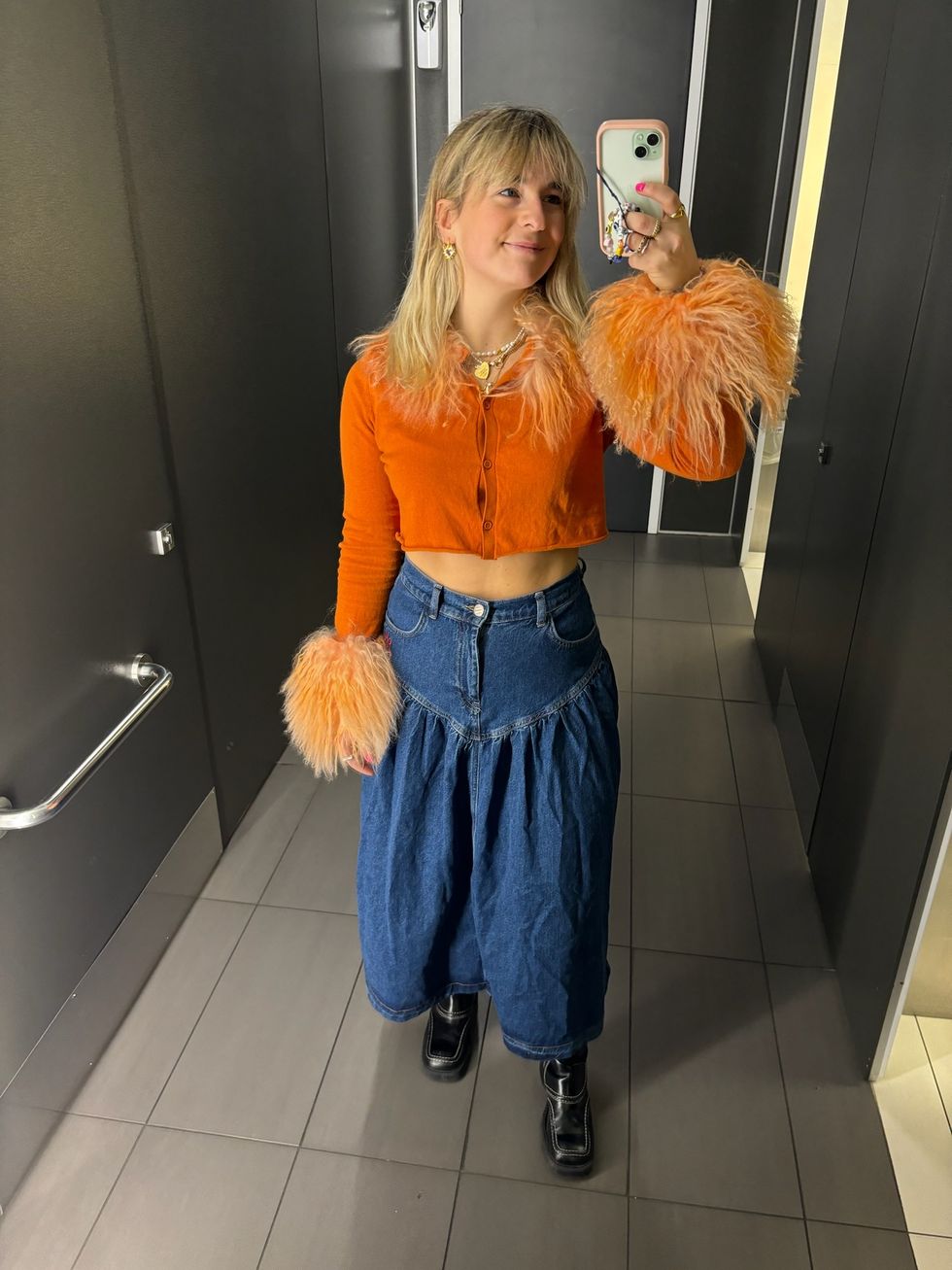 feather cuff orange cardigan