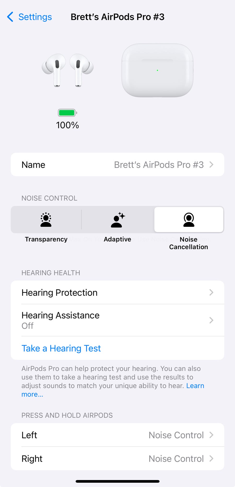 settings interface for airpods pro showing battery level and noise control options