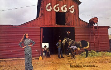 a woman in a patterned dress stands in front of a red barn with the number 6666 while two men interact with a horse