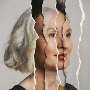 ripped page collage of young and old facial portraits of a woman