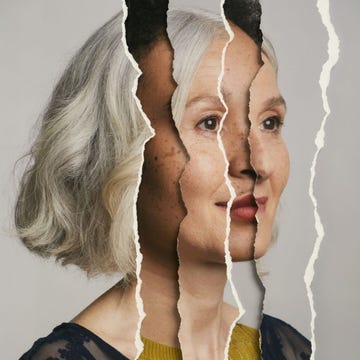 ripped page collage of young and old facial portraits of a woman