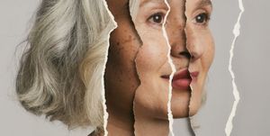 ripped page collage of young and old facial portraits of a woman