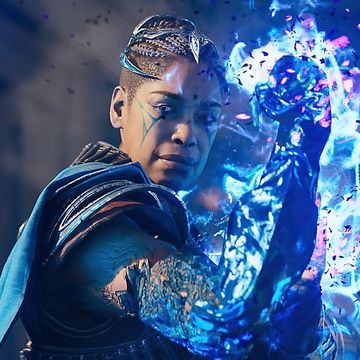immortals of aveum, gina torres in armour and a cape, wielding a blue fire magic spell in her hand