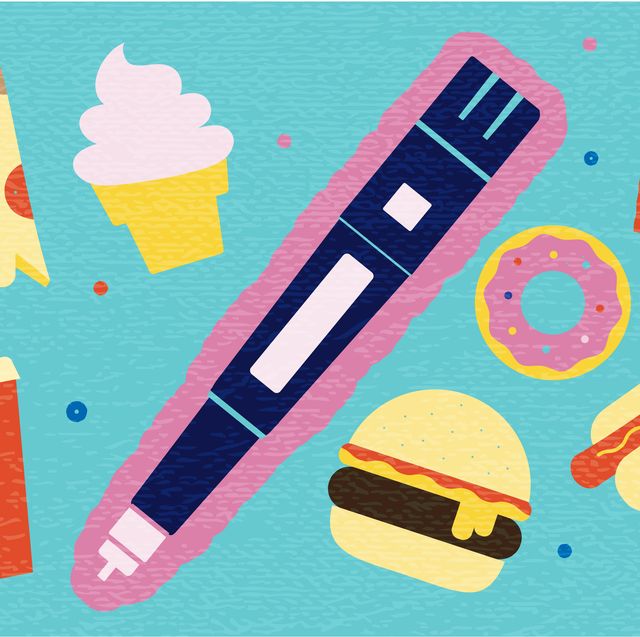 impact of semaglutide therapy on weight loss and unhealthy eating habits abstract concept with injection pen and fast food elements