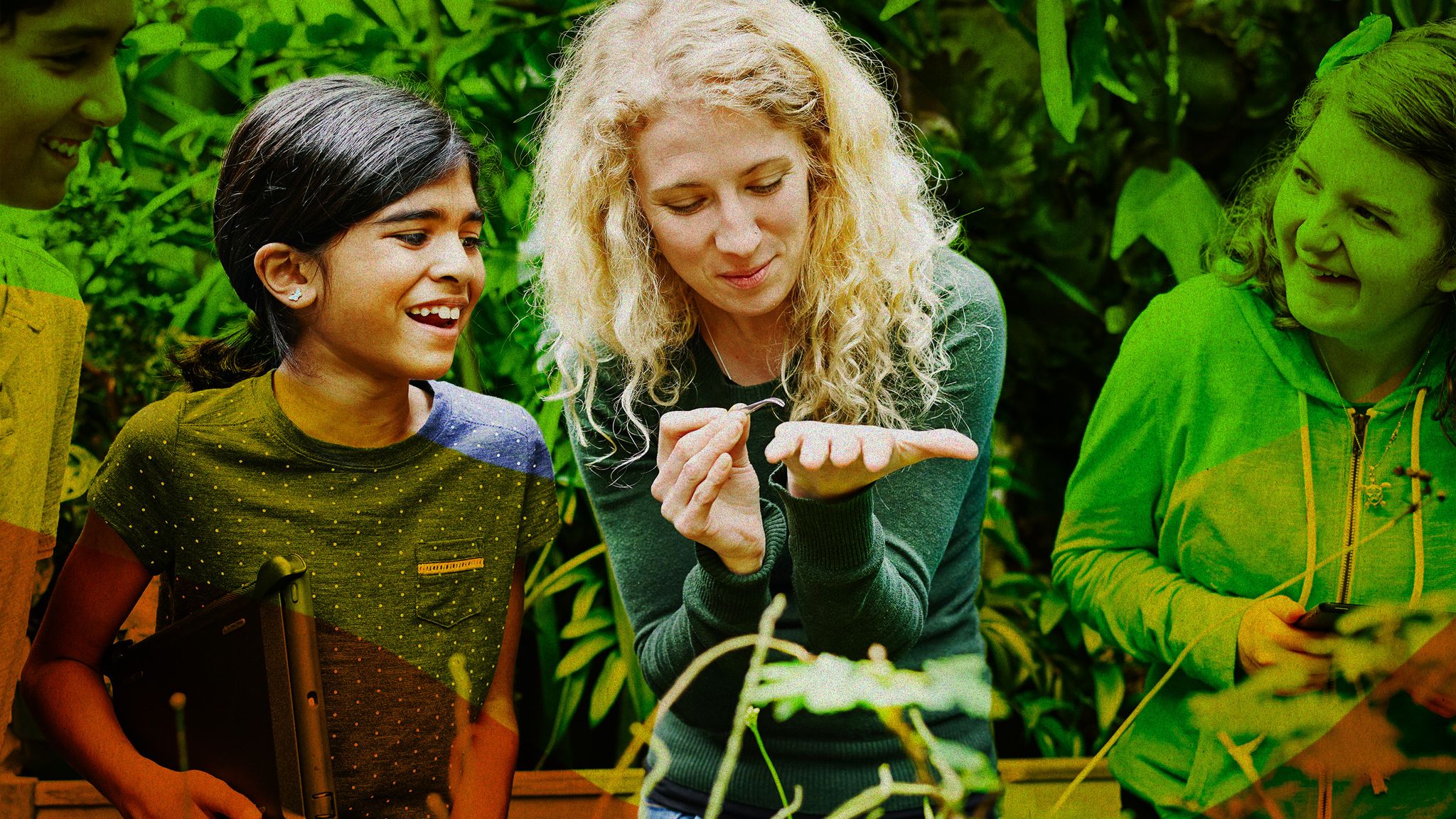 children learning from female environmentalist