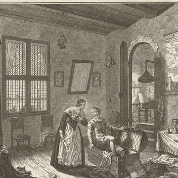 een illustratie van hugo de groot die in een boekenkist stapt om te ontsnappen uit slot loevestein