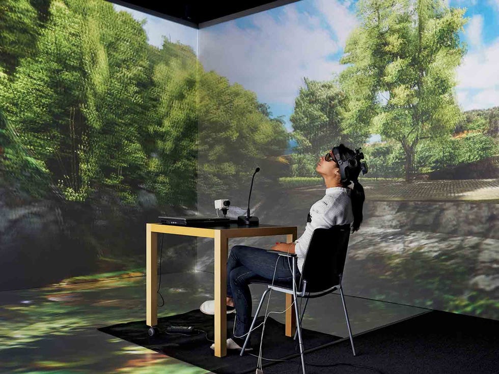 Ook virtuele natuur is rustgevend De Zweedse onderzoeker Matilda van den Bosch zet haar proefpersonen onder druk met een wiskundetest en een nagebootst sollicitatiegesprek Als ze hen in een virtueel bos met vogelgetjilp plaatst daalt hun hartslag sneller naar een normaal ritme