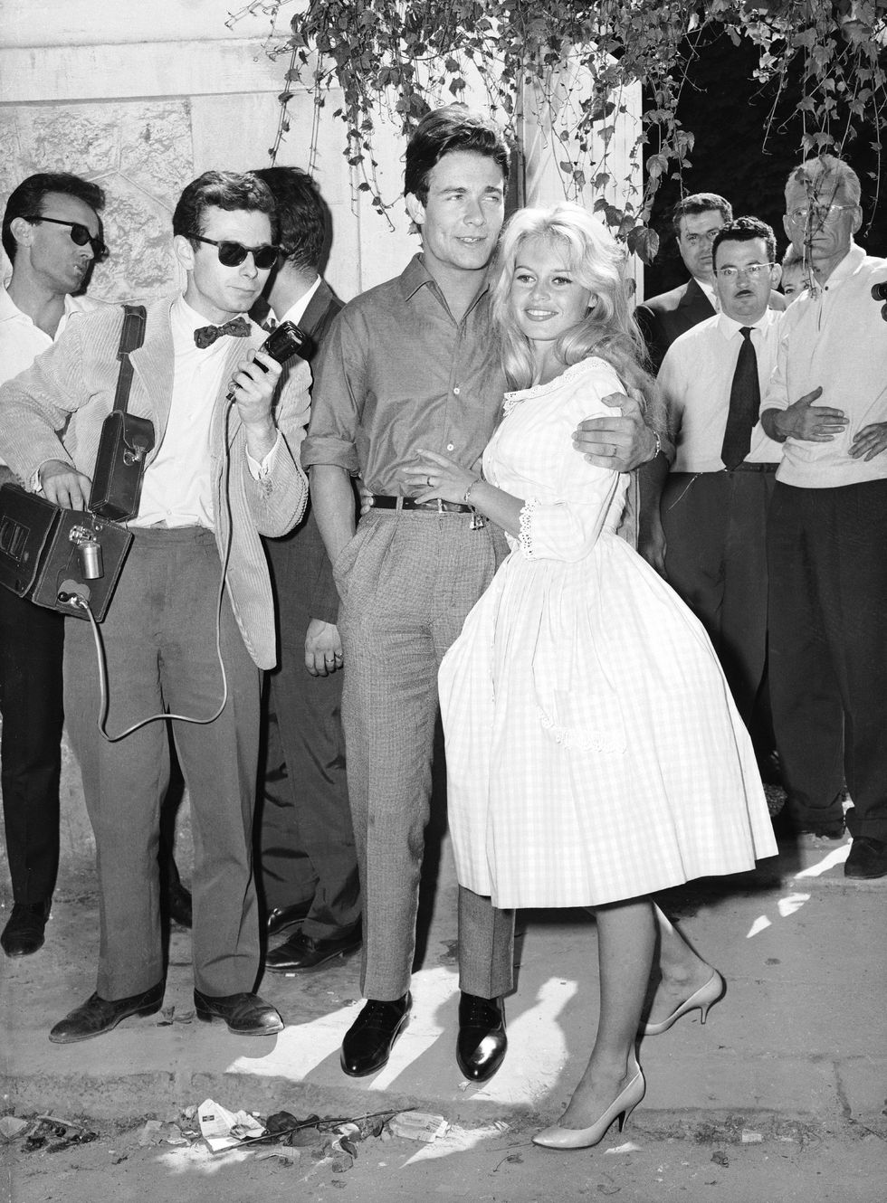 wedding of jacques charrier and brigitte bardot, in a vichy dress
