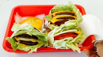 lettucewrapped burgers served on a red tray