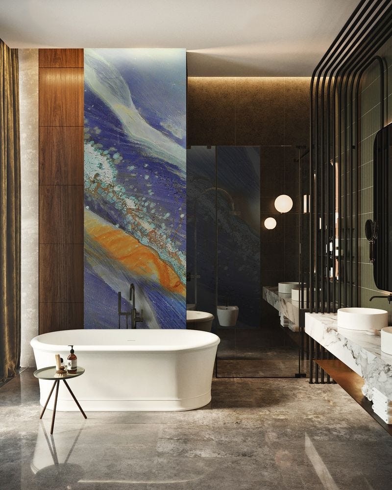Freestanding white bath with 'Azul Imperial' quartzite slab, marble vanity and architectural metalwork Freestanding white bath with 'Azul Imperial' quartzite slab, marble vanity and architectural metalwork