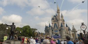 U.S. Navy Blue Angels Soar Above Cinderella Castle At Walt Disney World Resort