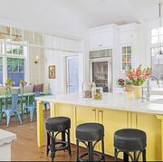 white kitchen with yellow island