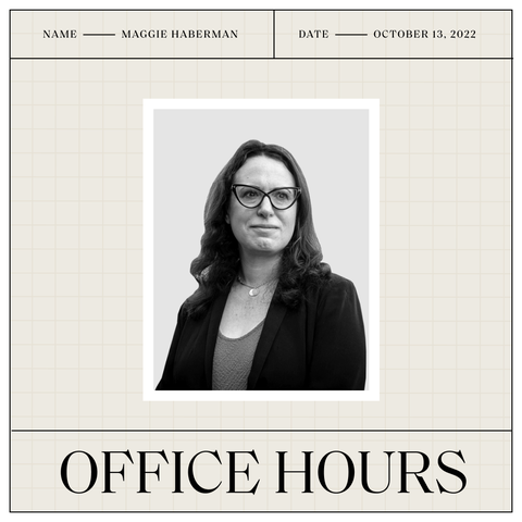 a black and white headshot of maggie with her name and the date above and the office hours logo below