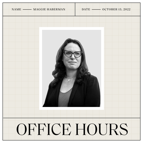 a black and white headshot of maggie with her name and the date above and the office hours logo below a black and white headshot of maggie with her name and the date above and the office hours logo below